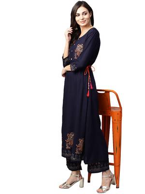 Navy blue printed viscose palazzo kurta 5