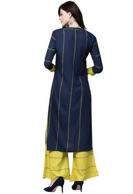 Navy blue embroidered viscose palazzo kurta 5