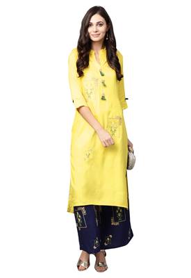 Yellow embroidered viscose palazzo kurta 4