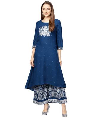 Blue embroidered viscose palazzo kurta 1