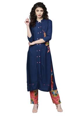 Navy blue embroidered viscose palazzo kurta 1
