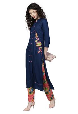 Navy blue embroidered viscose palazzo kurta 2