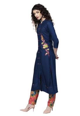 Navy blue embroidered viscose palazzo kurta 4