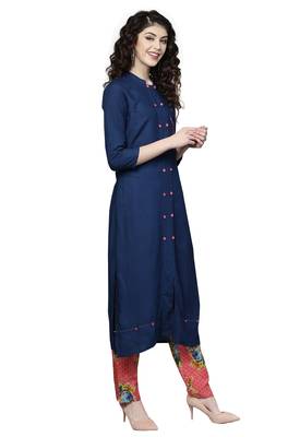 Navy blue embroidered viscose palazzo kurta 5