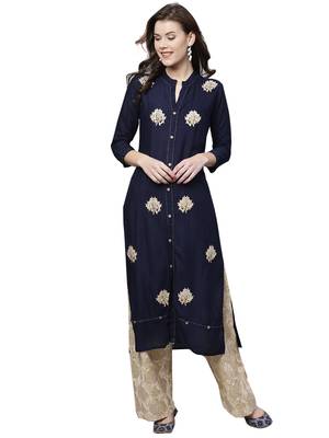Navy blue embroidered viscose palazzo kurta 1