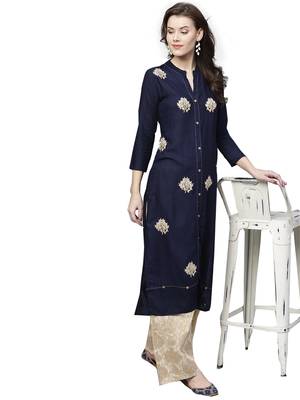 Navy blue embroidered viscose palazzo kurta 2