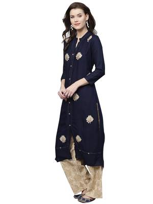 Navy blue embroidered viscose palazzo kurta 4
