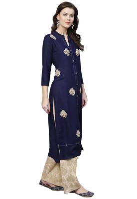 Navy blue embroidered viscose palazzo kurta 5
