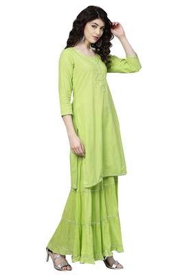 Green printed cotton palazzo kurta 4