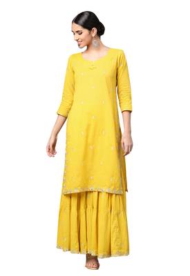 Mustard embroidered cotton palazzo kurta 1