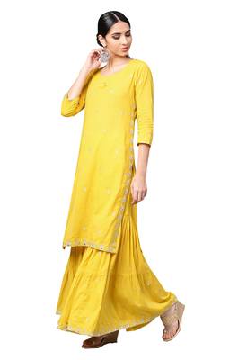 Mustard embroidered cotton palazzo kurta 4