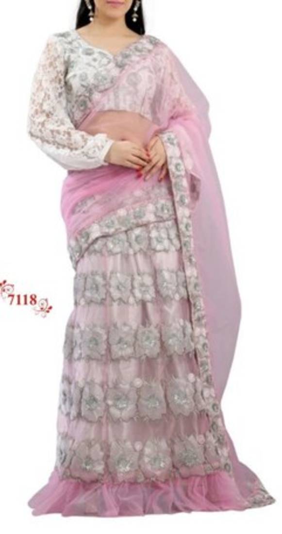 Jacqueline Fernandes Floral Design Bollywood Replica Pink & White Lehenga Saree