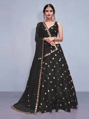 Black embroidered semi  stitched lehenga 1