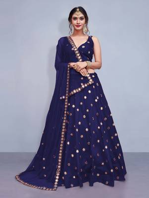 Navy-blue embroidered silk semi stitched lehenga 1