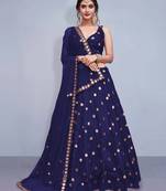 Navy-blue embroidered silk semi stitched lehenga