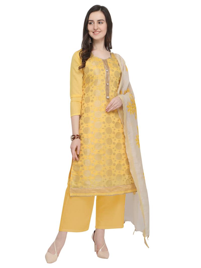 Yellow Banarasi Silk Thread Work Unstitched Dress Material For Women's - Kimisha - 2872079