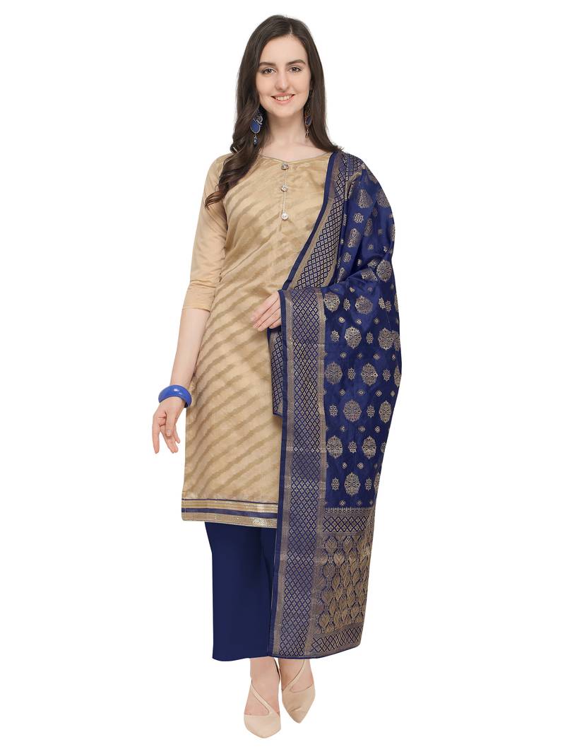 Beige Silk blend Jacquard Work Unstitched Dress Material For Women's