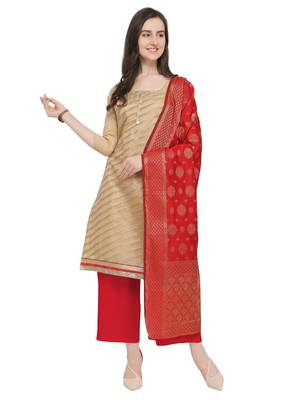 Beige Silk blend Jacquard Work Unstitched Dress Material For Women's 1