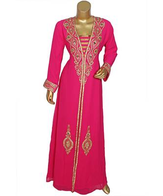 Fuchsia Pink Embroidered Crystal Embellished Arabian Traditional Chiffon Kaftan / Gown 1