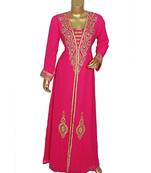 Fuchsia Pink Embroidered Crystal Embellished Arabian Traditional Chiffon Kaftan / Gown