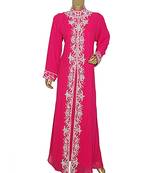 Fuchsia Pink Embroidered Crystal Beads Embellished Traditional Chiffon Kaftan / Gown