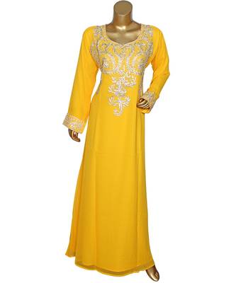 Yellow Embroidered Crystal Embellished Arabian Traditional Chiffon Kaftan / Gown 1