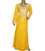 Yellow Embroidered Crystal Embellished Arabian Traditional Chiffon Kaftan / Gown