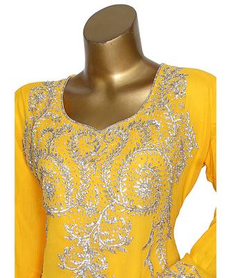 Yellow Embroidered Crystal Embellished Arabian Traditional Chiffon Kaftan / Gown 4