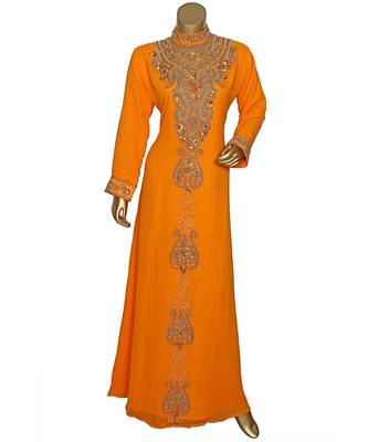 Orange Embroidered Crystal Embellished Traditional Chiffon Kaftan / Gown 1