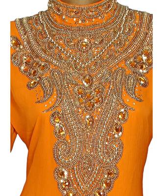 Orange Embroidered Crystal Embellished Traditional Chiffon Kaftan / Gown 2