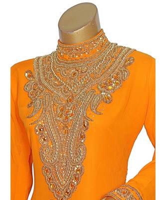 Orange Embroidered Crystal Embellished Traditional Chiffon Kaftan / Gown 3