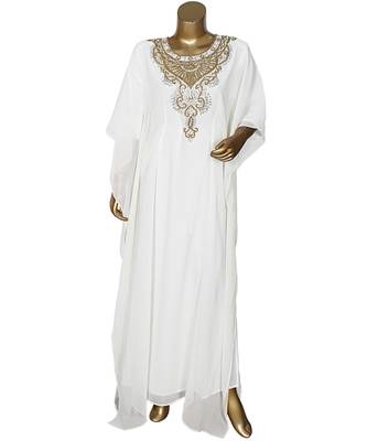 Off White Crystal Beads Embellished Arabian Chiffon Kaftan Gown Caftan Farasha 1