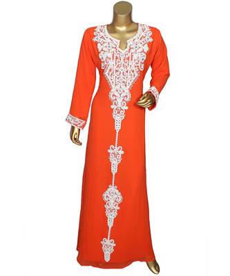 Orange Crystal Beads Embellished Chiffon Arabian Kaftan Gown Caftan 1