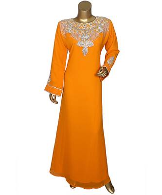 Orange Crystal Embellished Islamic Arabian Chiffon Kaftan Gown Caftan 1