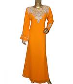 Orange Crystal Embellished Islamic Arabian Chiffon Kaftan Gown Caftan