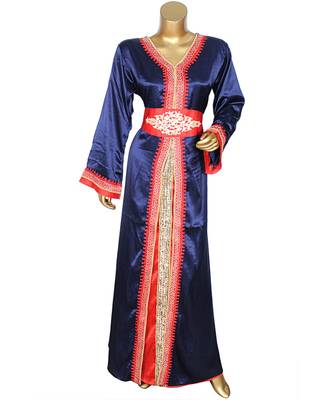 Navy Blue Embroidered Islamic Arabian Satin Silk Kaftan Gown Caftan 1
