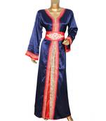Navy Blue Embroidered Islamic Arabian Satin Silk Kaftan Gown Caftan