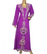 Purple Embroidered Traditional Islamic Arabian Chiffon Kaftan Gown Caftan