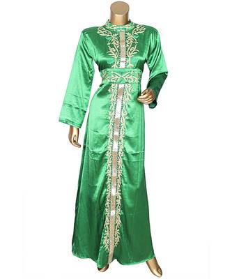 Green Embroidered Traditional Islamic Arabian Satin Silk Kaftan Gown Caftan 1