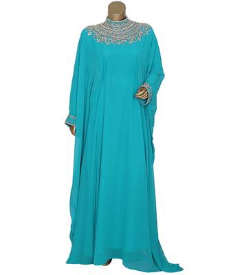 Aqua Green Crystal Embellished Traditional Islamic Chiffon Kaftan Gown Farasha 1