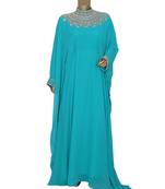 Aqua Green Crystal Embellished Traditional Islamic Chiffon Kaftan Gown Farasha