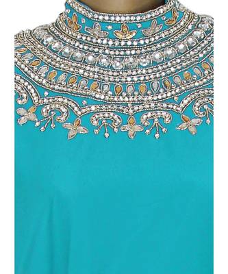 Aqua Green Crystal Embellished Traditional Islamic Chiffon Kaftan Gown Farasha 2