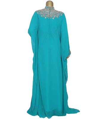 Aqua Green Crystal Embellished Traditional Islamic Chiffon Kaftan Gown Farasha 5
