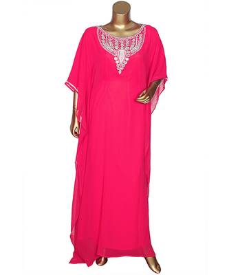 Fuchsia Pink Crystal Embellished Traditional Islamic Chiffon Kaftan Gown Farasha 1