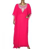 Fuchsia Pink Crystal Embellished Traditional Islamic Chiffon Kaftan Gown Farasha