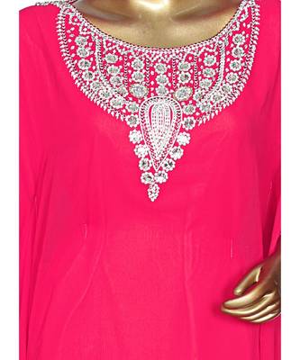 Fuchsia Pink Crystal Embellished Traditional Islamic Chiffon Kaftan Gown Farasha 2