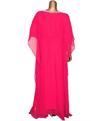 Fuchsia Pink Crystal Embellished Traditional Islamic Chiffon Kaftan Gown Farasha 5