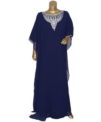 Navy Blue Crystal Embellished Traditional Islamic Chiffon Kaftan Gown Farasha 1