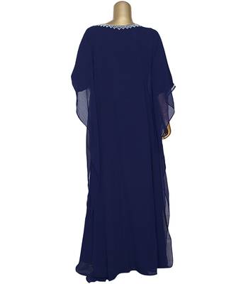 Navy Blue Crystal Embellished Traditional Islamic Chiffon Kaftan Gown Farasha 5