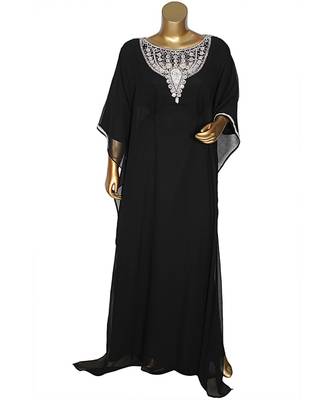Black Crystal Embellished Traditional Islamic Chiffon Kaftan Gown Farasha 1